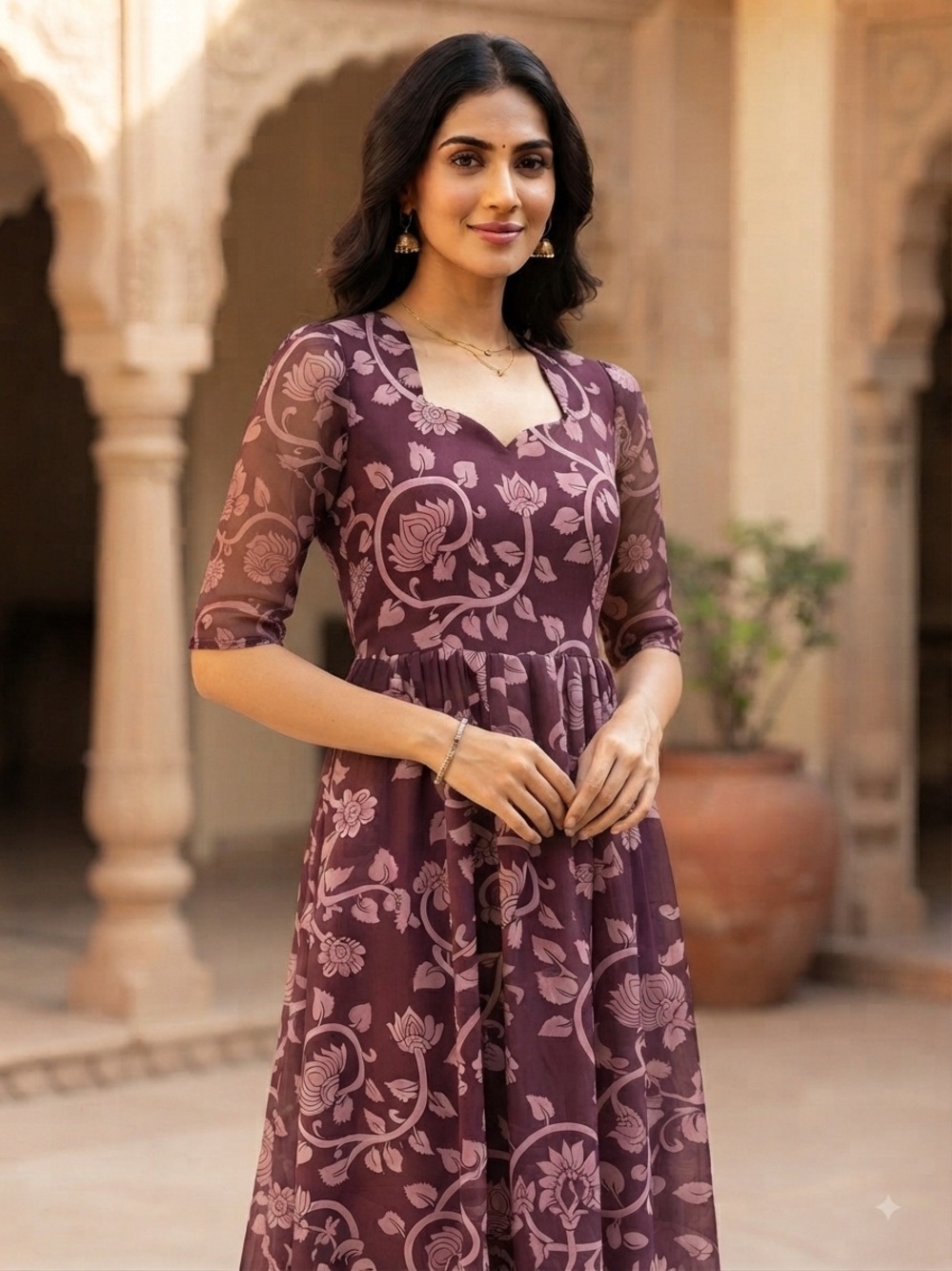 Women's Floral Print Maxi  Dress in Plum